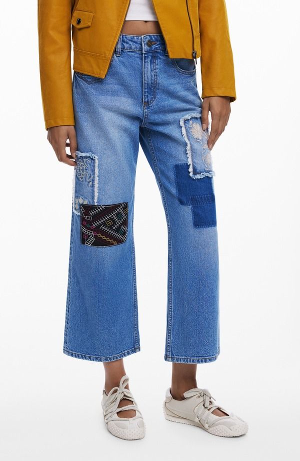 デジグアル レディース ボトムス カジュアルパンツ ワイドレッグ ジーンズ Desigual Patched Mid Rise Crop Wide Leg Jeans Medium Blue ブルー