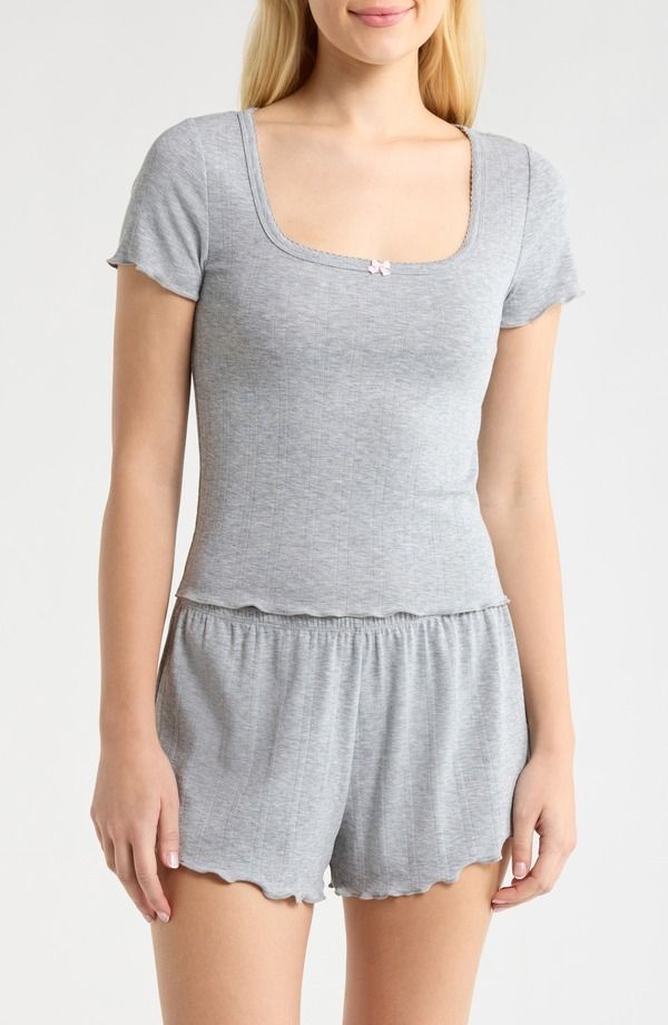 オープンエディット レディース アンダーウェア ナイトウェア ニット Open Edit Pointelle Knit Short Pajamas Grey Heather グレー