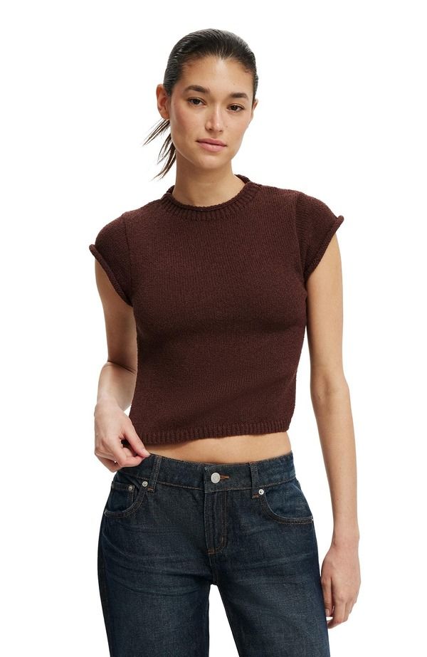 コットンオン レディース アウター パーカー・スウェット ショートパンツ ニット Cotton Womens Textured Shortsleeve Knitop Dark Oak