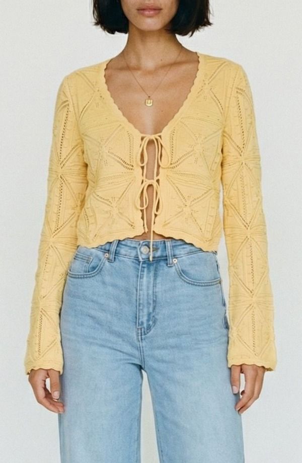 ヴェロモーダ レディース アウター パーカー・スウェット コットン カーディガン ニット VERO MODA Lola Tie Front Pointelle Knit Cotton Cardigan Golden Haze