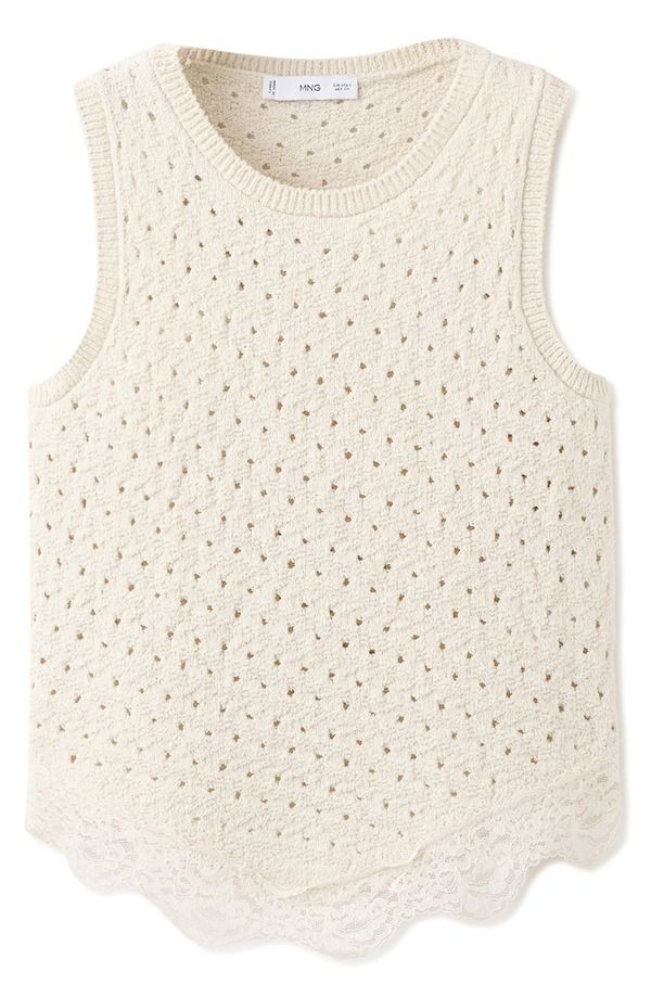 マンゴ レディース アウター パーカー・スウェット レーストリム セーター ノースリーブ レース MANGO Galace Trim Sleeveless Pointelle Sweater Light Beige ベージュ