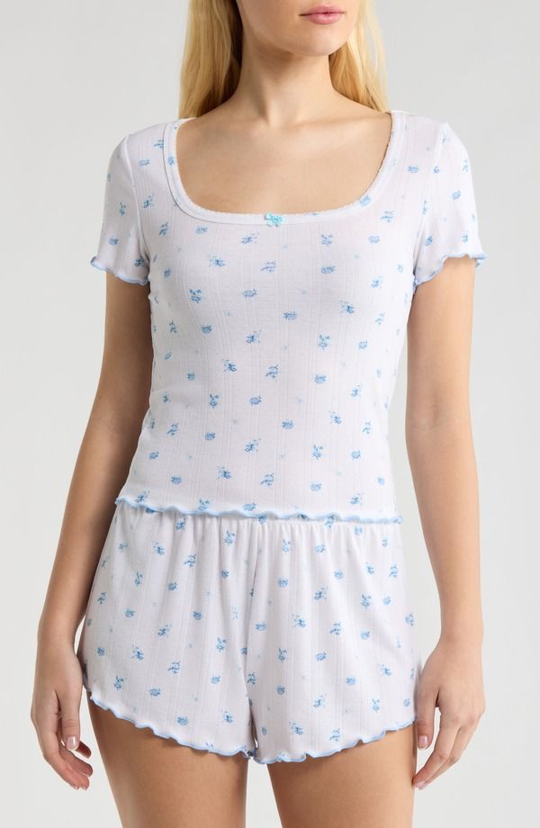オープンエディット レディース アンダーウェア ナイトウェア ニット Open Edit Pointelle Knit Short Pajamas White Blue Sabrina Ditsy ホワイト