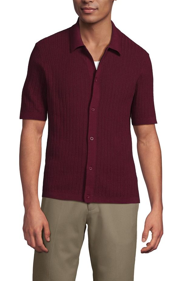 ランズエンド メンズ トップス ポロシャツ Lands End Short Sleeve Lightweight Button Through Polo Burgundy Spritz バーガンディ