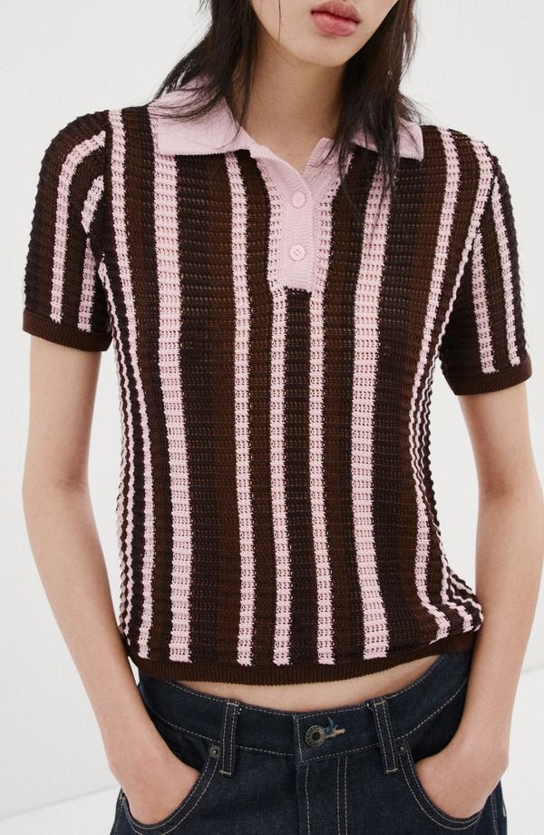 マンゴ レディース アウター パーカー・スウェット ポロシャツ セーター MANGO Stripe Short Sleeve Polo Sweater Chocolate チョコレート