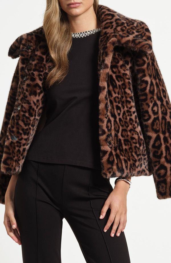 アイザック・ミズラヒ レディース アウター ジャケット・ブルゾン Isaac Mizrahi New York Oversize Collar Faux Fur Jacket Chocolate Leopard チョコレート