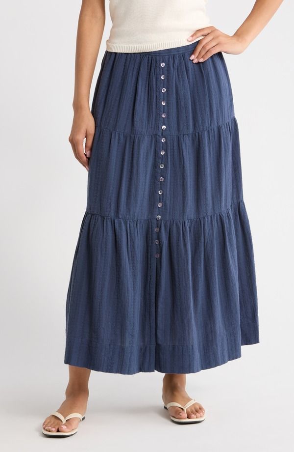 マリーン レイヤー レディース ボトムスカート ティアード コットン マキシ Marine Layer Lana Tiered Cotton Maxi Skirt Navy ネイビー