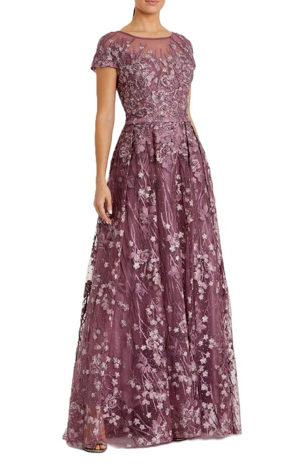 マックダガル レディース トップス ワンピース A ライン フラワー柄 キャップ フラワー Mac Duggal Embellished Floral Cap Sleeve A Line Gown Wisteria