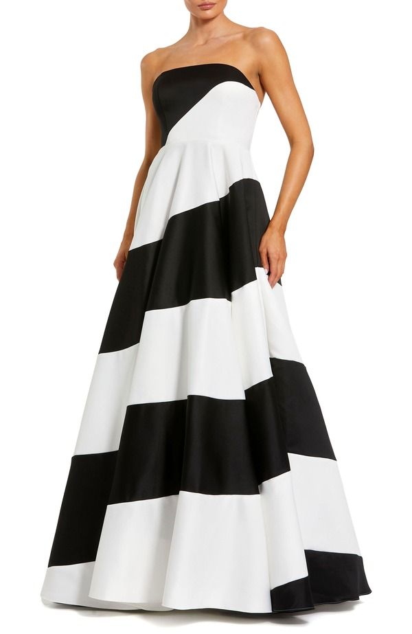 マックダガル レディース トップス ワンピース サテン ストラップレス カラーブロック Mac Duggal Straplessatin Ballgown with Bold Colorblock Stripes Black Ivory アイボリー