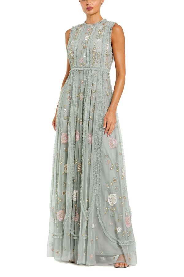 マックダガル レディース トップス ワンピース A ライン フラワー柄 フリル メッシュ ノースリーブ フラワー Mac Duggal Floral Mesh Sleeveless A Line Micro Ruffle Gown Sage Multi セージ