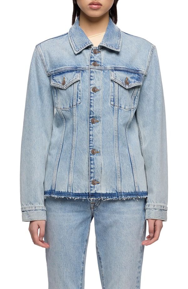 セブンフォーオールマンカインド レディース ボトムス デニムパンツ ジャケット 7 For All Mankind Cinched Release Fray Hem Denim Trucker Jacket Bluerosion ブルー