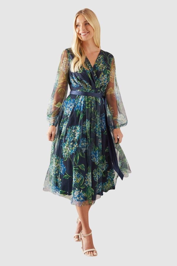ウォリス レディース トップス ワンピース フラワー柄 プチ メッシュ ミディ サテン フラワー Wallis Petite Floral Mesh Satin Tie Midi Dress Navy ネイビー