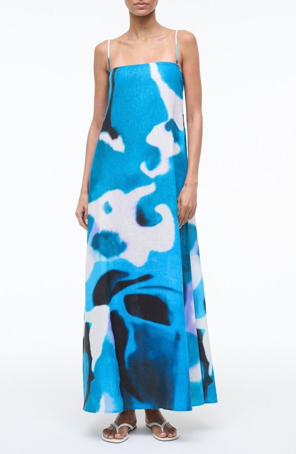 スタウド レディース ボトムス カジュアルパンツ マキシワンピース プリント リネン マキシ STAUD Laura Print Linen Maxi Dress Blue Haze ブルー
