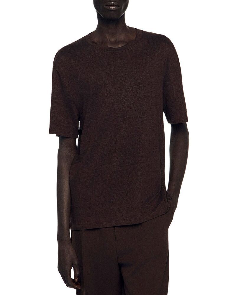 サンドロ メンズ トップス Tシャツ リネン Sandro Clash Linen Tee Black Brown ブラック