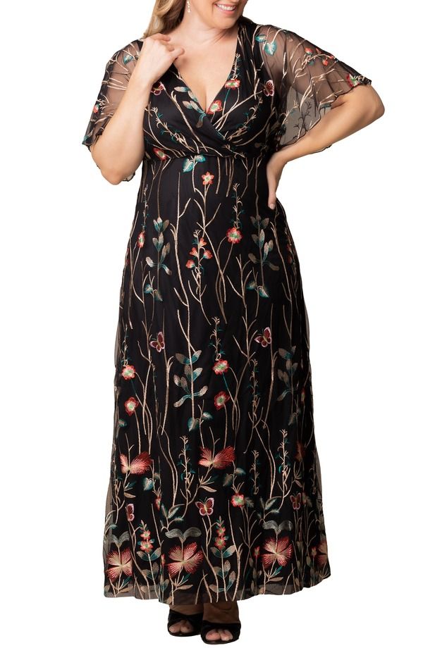 キヨナ レディース トップス ワンピース フラワー柄 刺繍 フラワー Kiyonna Embroidered Elegance Floral Gown Onyx