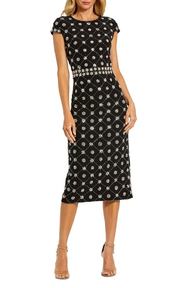 マックダガル レディース トップス ワンピース クルーネック ミディ Mac Duggal Beaded Short Sleeve Crew Neck Sheath Midi Dress Black ブラック