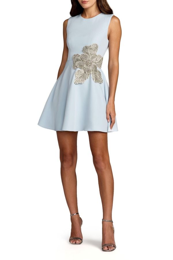 マックダガル レディース トップス ワンピース クレープ ミニ ノースリーブ Mac Duggal Crepe Sleeveless Mini Dress With Rhinestone Flower Powder Blue ブルー