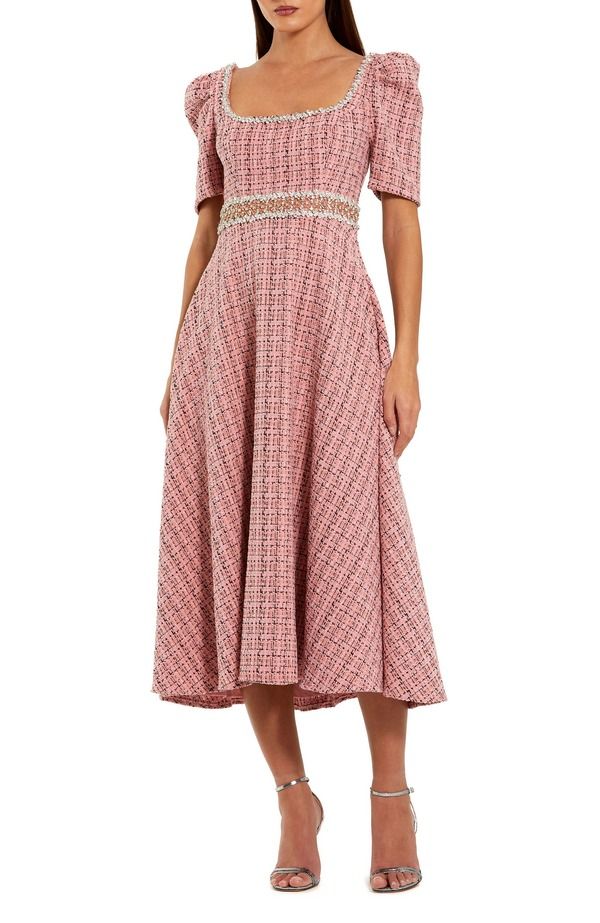 マックダガル レディース トップス ワンピース ミディ Mac Duggal Puff Sleeve Boucle Midi Dress With Beaded Belt Pink Multi ピンク