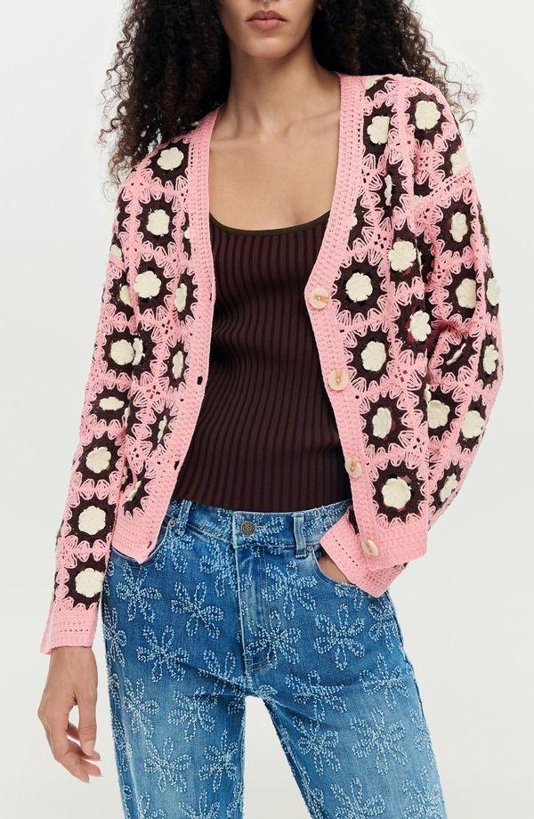 デジグアル レディース アウター パーカー・スウェット コットン カーディガン Desigual Granny Square Cotton Blend Crochet Cardigan Dark Pink ピンク