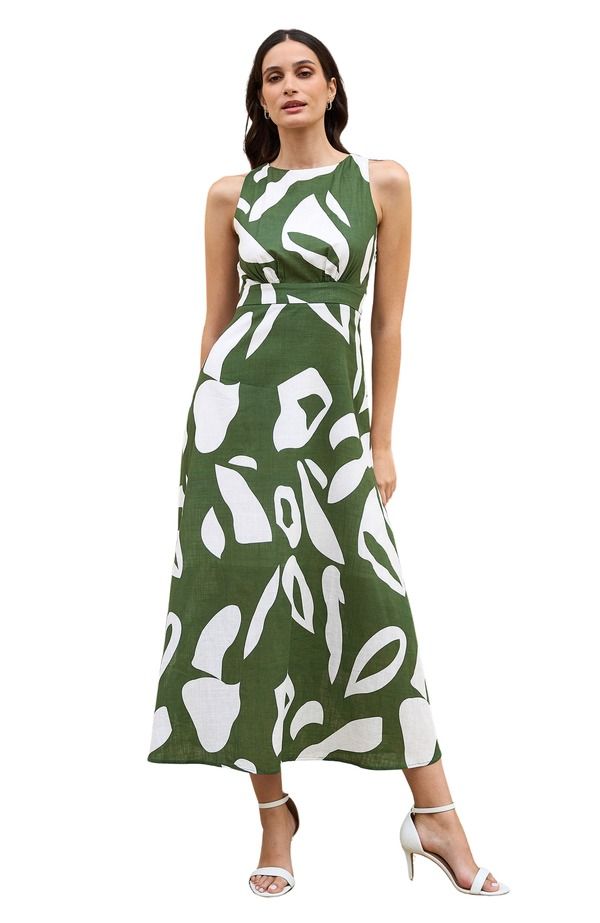 ユミキム レディース ボトムス カジュアルパンツ マキシワンピース プリント コットン マキシ Yumi Cotton Abstract Print Maxi Dress Green グリーン