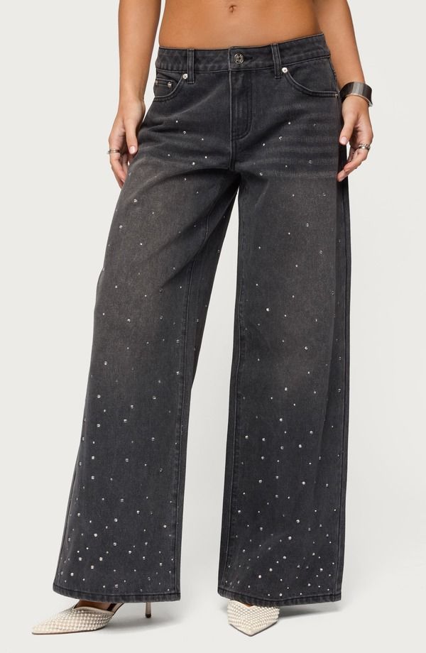 アディクテッド レディース ボトムス デニムパンツ ワイドレッグ ローライズ ジーンズ EDIKTED Embellished Low Rise Wide Leg Jeans BlackWashed ブラック
