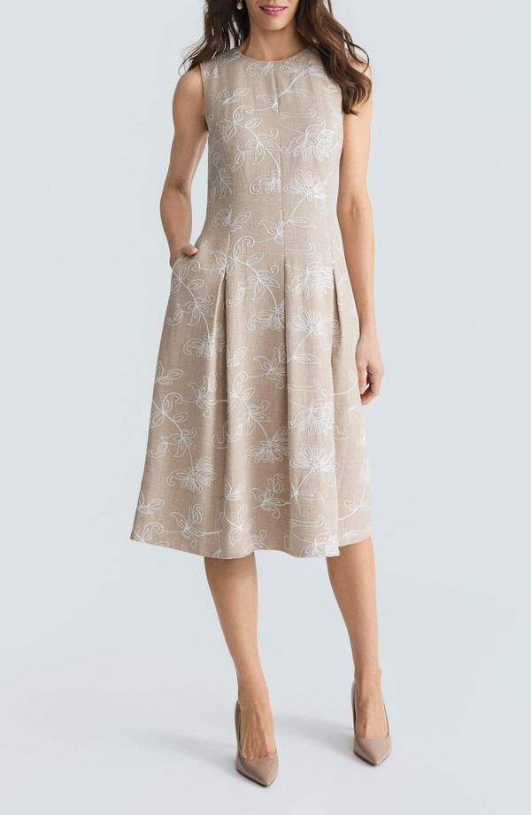 カスパール レディース トップス ワンピース 刺繍 KASPER Embroidered Fit Flare Dresstraw Melange White ホワイト
