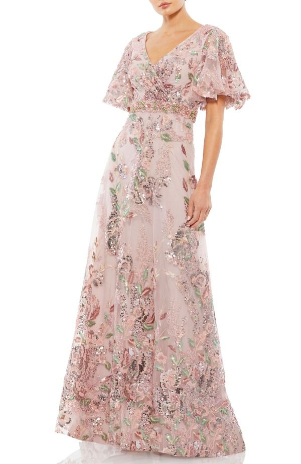 マックダガル レディース トップス ワンピース フラワー柄 フラワー Mac Duggal Floral Embellished Short Sleeve Faux Wrap Gown Rose Pink ピンク
