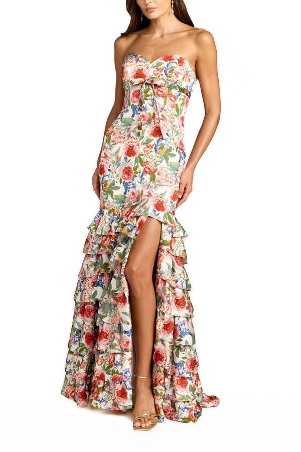 マックダガル レディース トップス ワンピース A ライン フラワー柄 フリル ストラップレス フラワー Mac Duggal Strapless Floral Charmeuse Ruffle A Line Gown Ivory Multi アイボリー