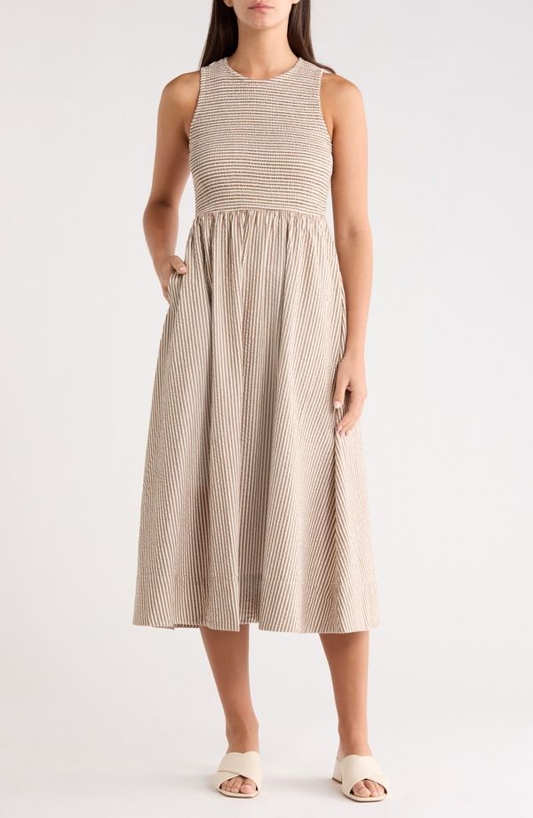 マリーン レイヤー レディース トップス ワンピース コットン Marine Layer Darcy Stripe Cotton Blend Seersucker Dress Mocha Stripe モカ