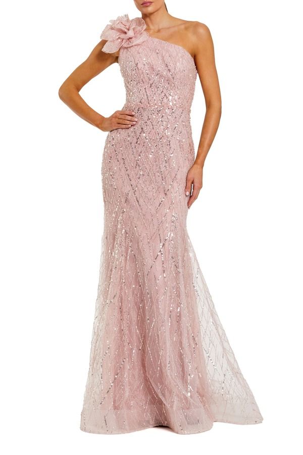 マックダガル レディース トップス ワンピースパンコール Mac Duggal One Shoulder Sequin Trumpet Gown With Flowerose