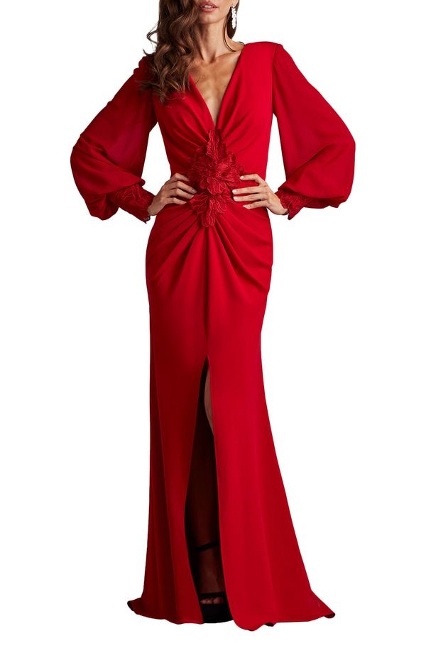 タダシショージ レディース トップス ワンピース シフォン クレープ フラワー柄 フラワー Tadashi Shoji Floral Detailong Sleeve Crepe Chiffon Gown Cranberry 77,440円