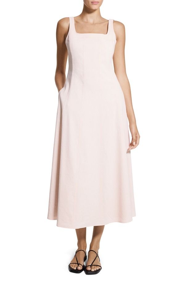セオリー レディース トップス ワンピース ミディ リネン Theory Square Neck Stretch Linen Blend Midi Dress Warm Pink Xke ピンク