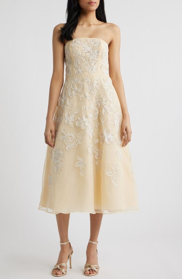 アドリアナ パペル レディース トップス ワンピース ミディ ストラップレス Adrianna Papell Soutachembroidery Strapless Organza Cocktail Midi Dress Maize