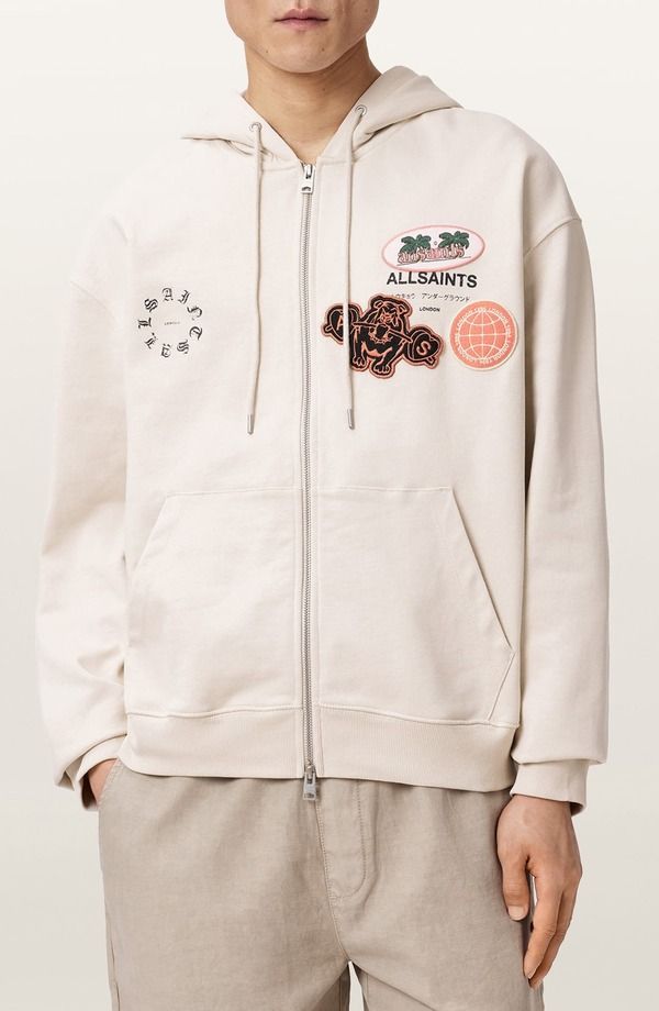オールセインツ メンズ アウター パーカー・スウェット コットン グラフィック AllSaints Patcher Graphicotton Zip Front Hoodie Dusk White ホワイト