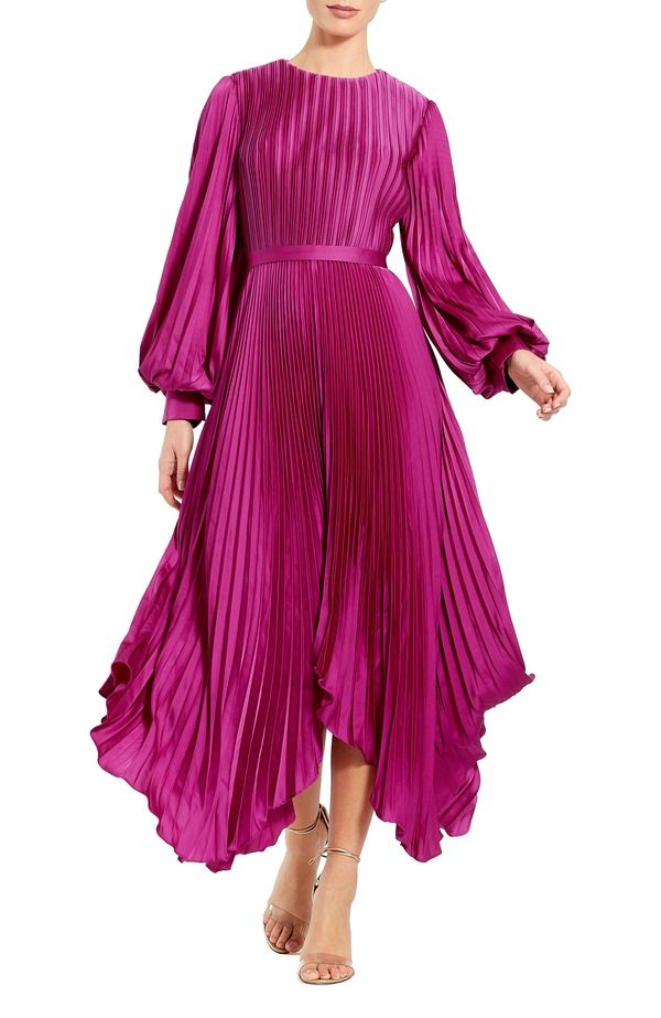 マックダガル レディース トップス ワンピース プリーツ ミディ Mac Duggalong Sleeve Pleated Charmeuse Handkerchief Hemidi Dress Fuchsia フューシャ