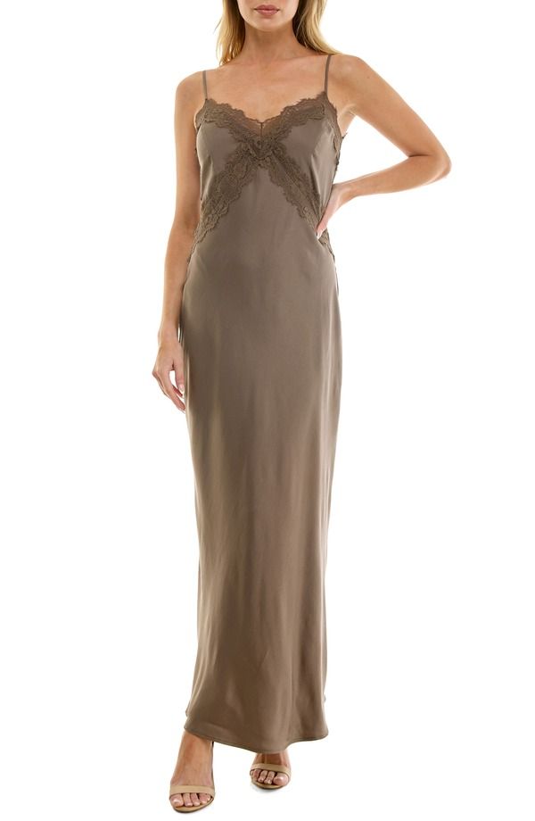 ソーシャライト レディース トップス ワンピース レーストリム サテン レース Socialite Bias Cut Lace Trim Satin Slipdress Mocha モカ