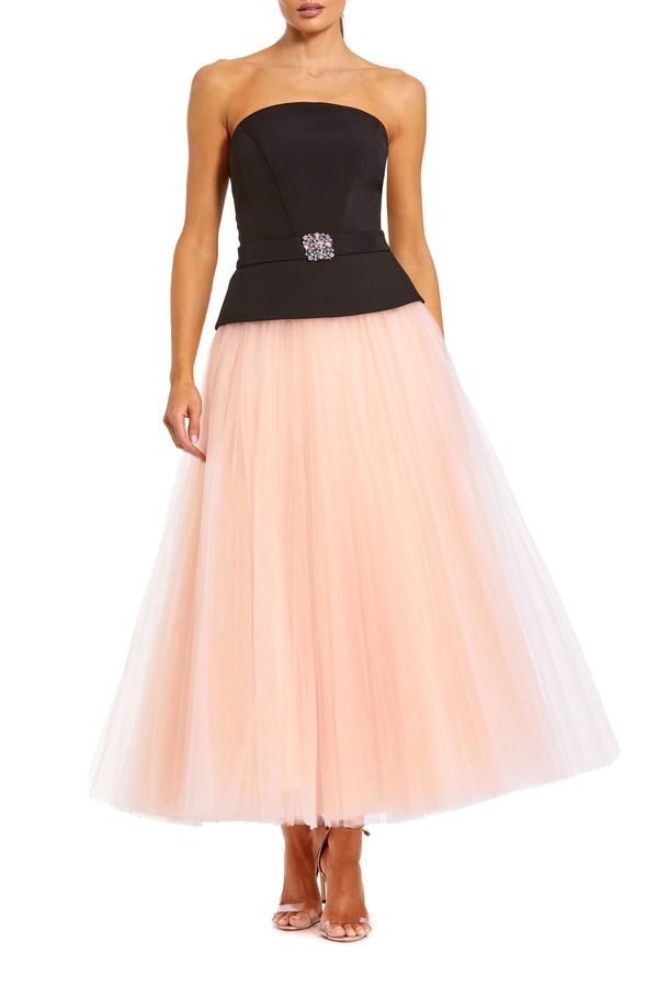 マックダガル レディース トップス ワンピース チュール ミディ ストラップレスカート Mac Duggal Strapless Midi Dress with Layered Tulle Skirt Black Pink ブラック