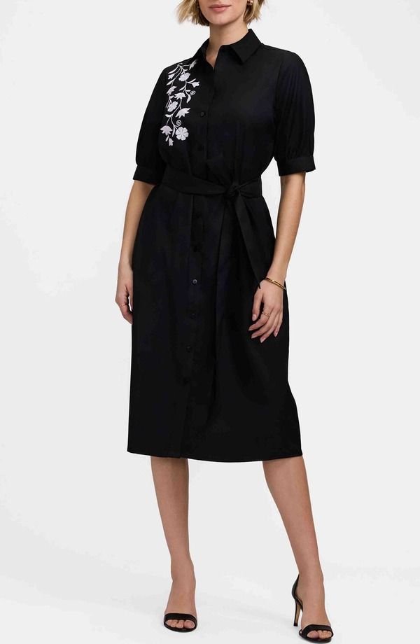 フォックスクラフト レディース トップス ワンピース フラワー柄 シャツ コットン 刺繍 フラワー Foxcroft Esther Belted Floral Embroidered Cotton Blend Shirtdress Black White ホワ