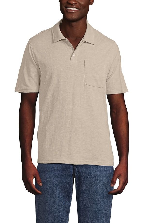 ランズエンド メンズ トップス ポロシャツ コットン リネン Lands End Short Sleeve Cotton Linen Polo Khaki Sand Heather ヘザー