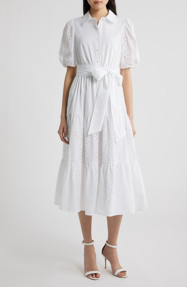 アンクライン レディース トップス ワンピース ミディ Anne Klein Eyeletie Waist Puff Sleeve Midi Dress Crisp White ホワイト