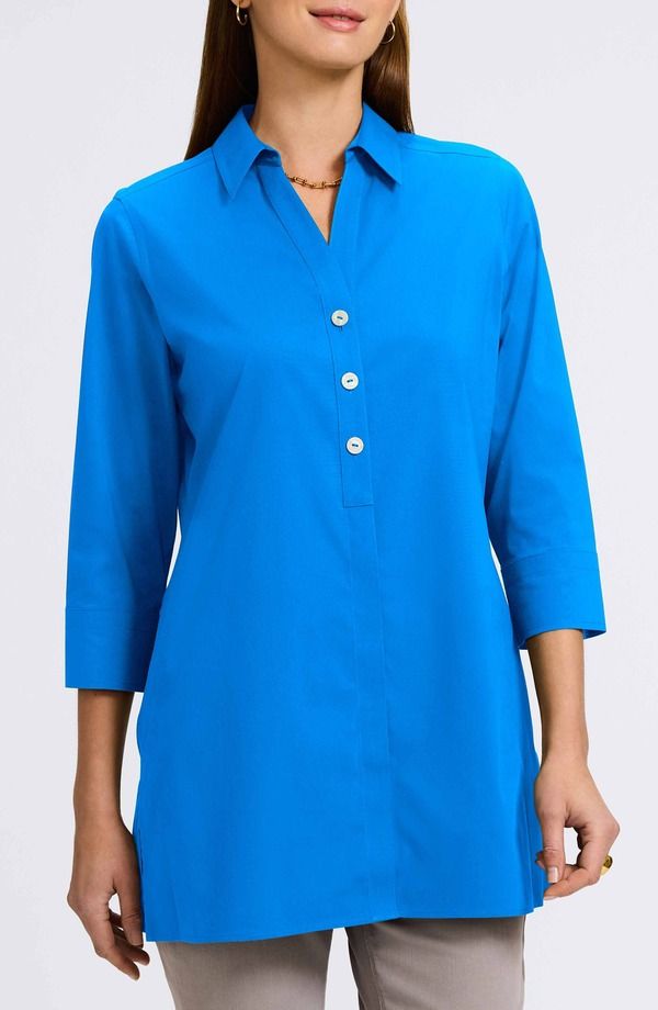 フォックスクラフト レディース トップス シャツ Foxcroft Pamela Stretch ButtonUp Tunicobalt Blue ブルー