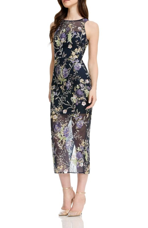 ドレスザポプレーション レディース トップス ワンピース フラワー柄 スパンコール フラワー Dress the Population Helena Sequin Floral Cocktail Sheath Dress Navy Multi ネイビー