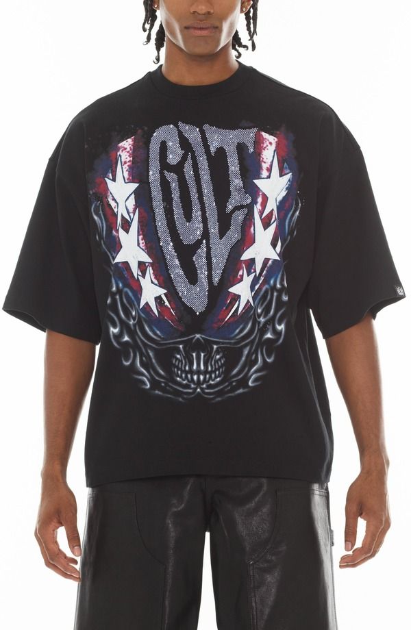カルト オブ インディビジュアリティ メンズ トップス Tシャツ コットン グラフィック Cult of Individuality Oversize Cotton Graphic TShirt Black ブラック