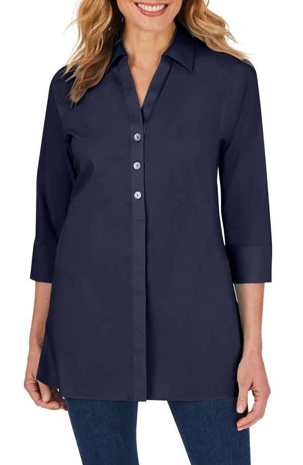 フォックスクラフト レディース トップス シャツ Foxcroft Pamela Stretch ButtonUp Tunic Navy ネイビー