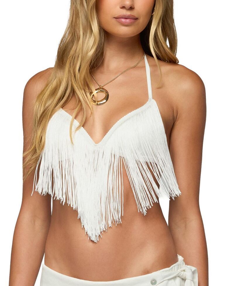 アディクテッド レディース トップス シャツ フリンジ Edikted Kienna Fringed Bra Top White ホワイト