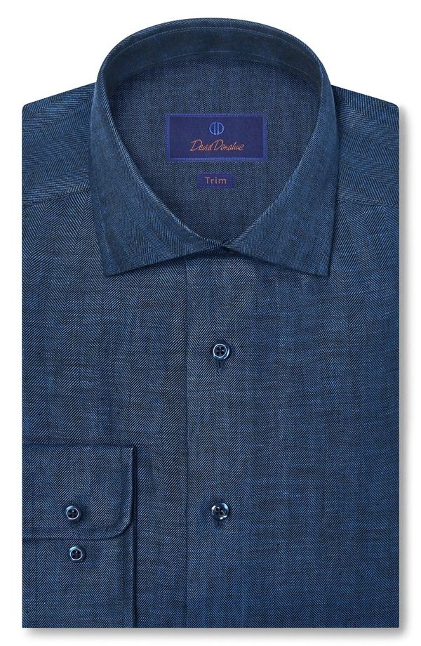 デイビッドドナヒュー メンズ トップス シャツ リネン Davidonahue Trim Fit Linen Herringbone Dresshirt Navy ネイビー