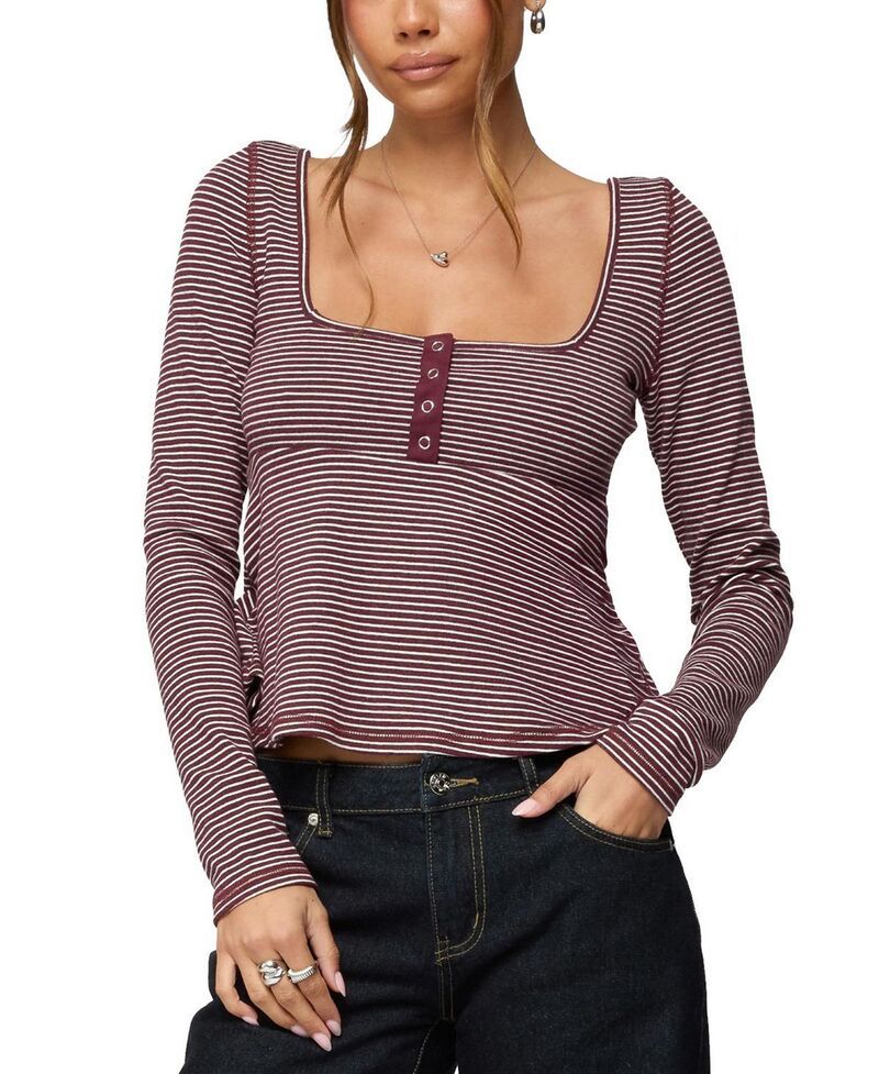 アディクテッド レディース トップス シャツ Edikted Sare Striped Babydoll Henley Top Burgundy バーガンディ