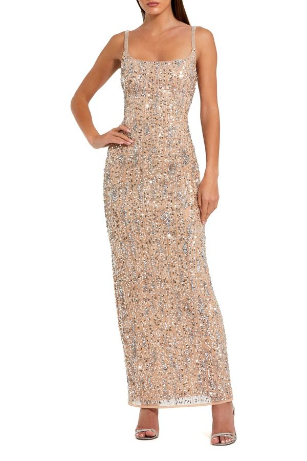 マックダガル レディース トップス ワンピースパンコール ノースリーブ Mac Duggal Sequin Embellished Square Neck Sleeveless Column Gownude Silver シルバー