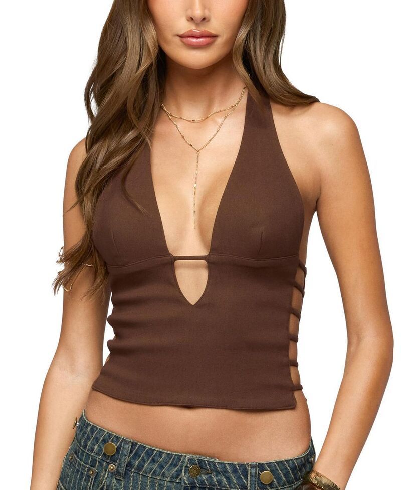アディクテッド レディース トップス シャツ カットアウト ホルター Edikted Aneera Cutout Plunging Halter Top Brown ブラウン