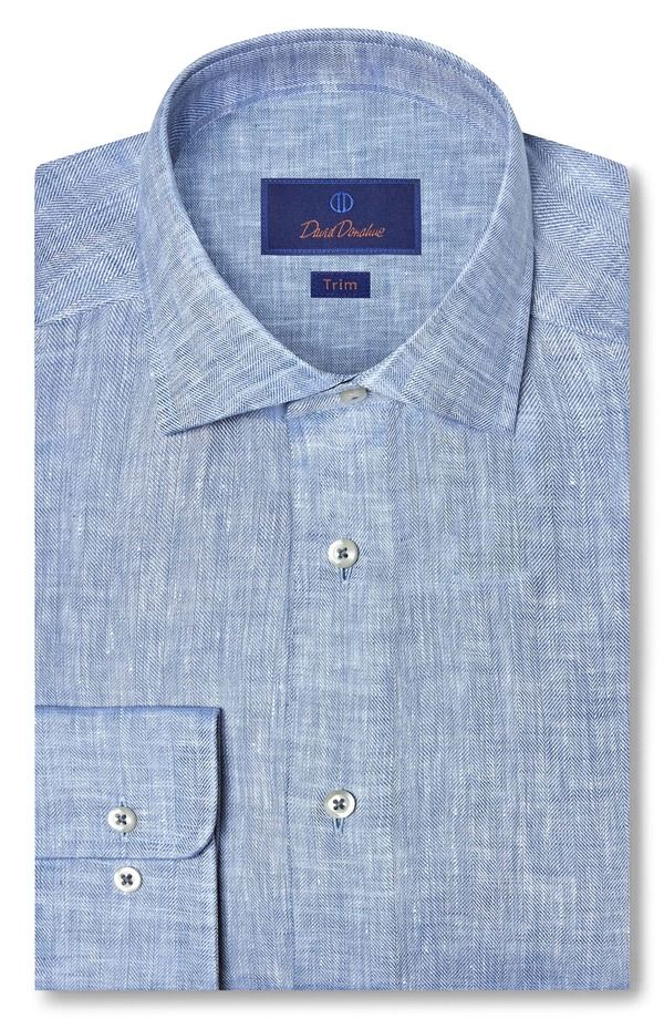 デイビッドドナヒュー メンズ トップス シャツ リネン Davidonahue Trim Fit Linen Herringbone Dresshirt Denim デニム