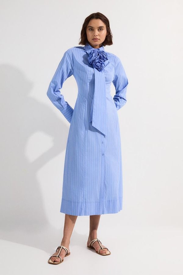カレンミレン レディース ボトムス カジュアルパンツ マキシワンピース シャツ マキシ Karen Millen Rosette Woven Shirt Maxi Dress Blue ブルー